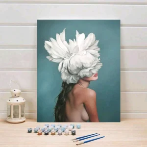 Naked Girl with White Feather Flowers -