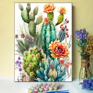 Cactus Flowers with Paints and Brushes