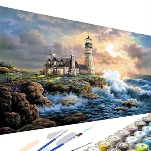 Lighthouse by the Cliff with Paints and Brushes