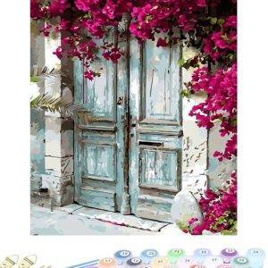 Old Wooden Doors with Pink Flowers