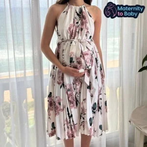 Elegant White Floral Halterneck Maternity Dress