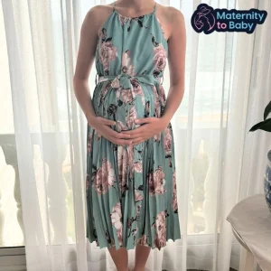 Elegant Green Floral Halterneck Maternity Dress