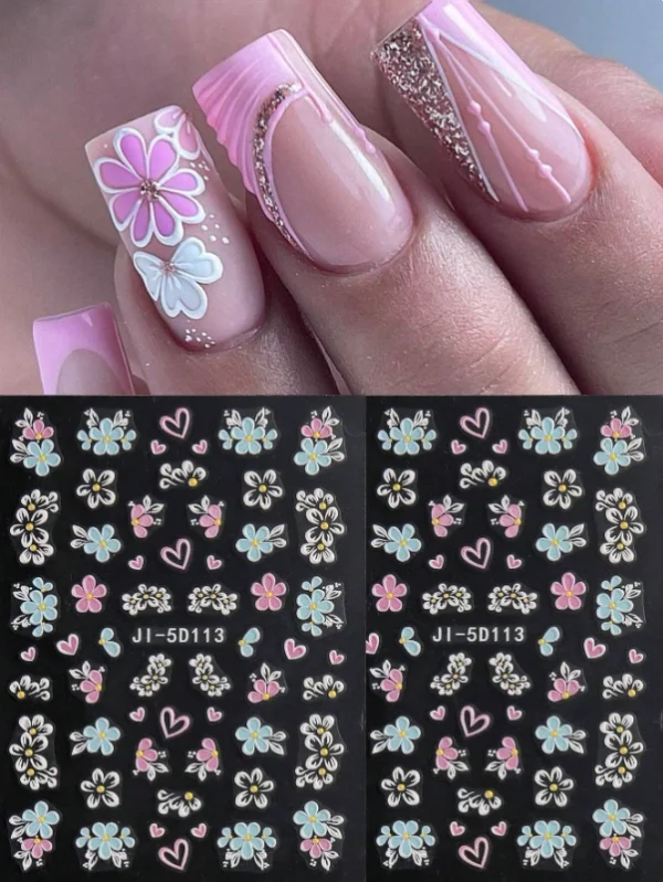2pcs 5D Colourful Flowers Nail Art Stickers - Image 2