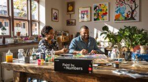 South African crafters working on paint by numbers kit in bright home studio
