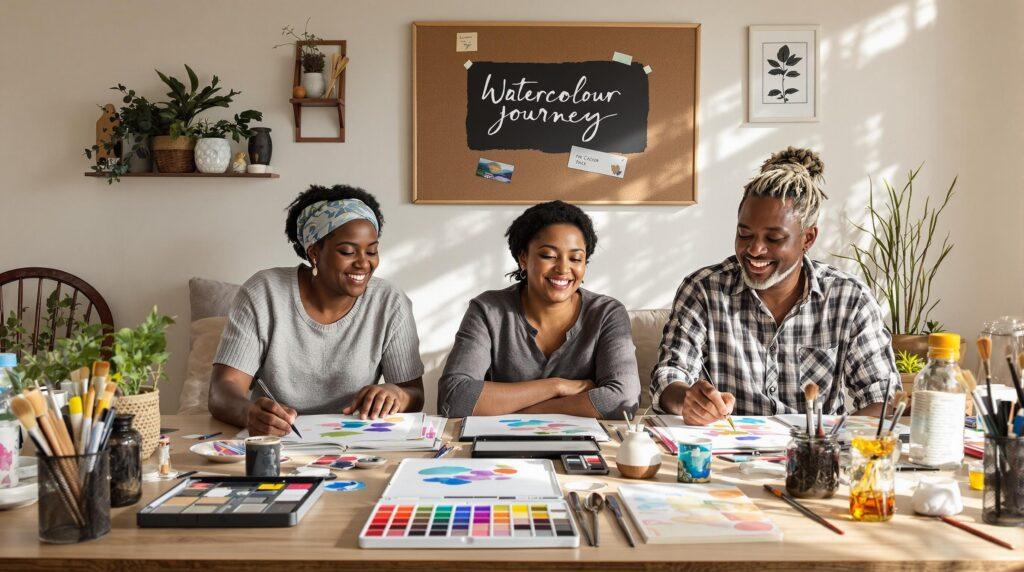 Beginners gather in a sunlit home studio to start watercolour painting in South Africa