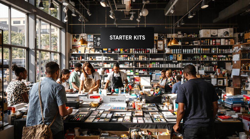 Diverse people browsing a South African art supply store with 'Creative Basics' sign visible.