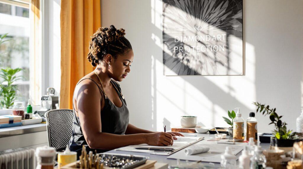 Woman reviews finished diamond painting in sunlit home studio