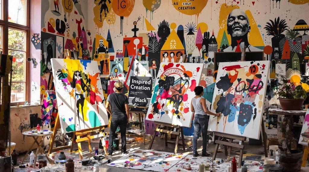 South African artists painting vibrant abstract art in sunny studio