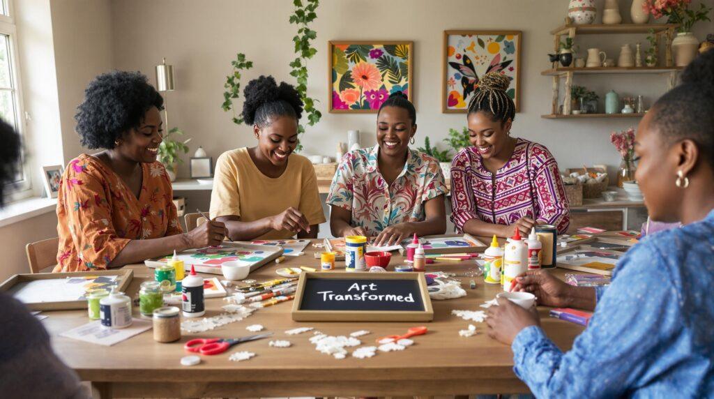 South African crafters making decoupage art around a table